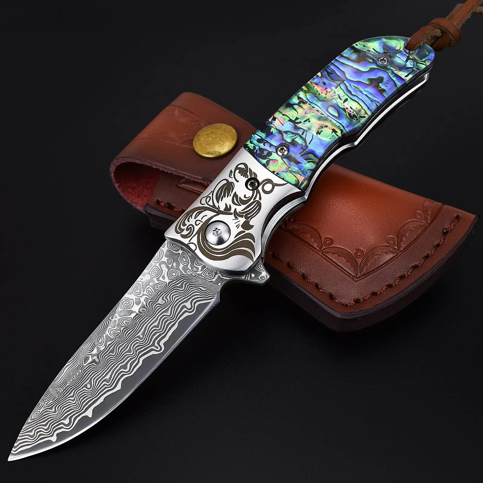 AUBEY EDC Damascus Pocket Knife with Leather Sheath, Abalone Shells Handle, Handmade Damascus Steel Folding Knives with Clip for Everyday Carry, Excellent Gifts for Men Women Hunting