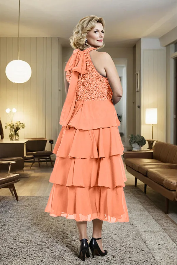 Beading Halter A Line Layered Chiffon Mother of the Bride Dress