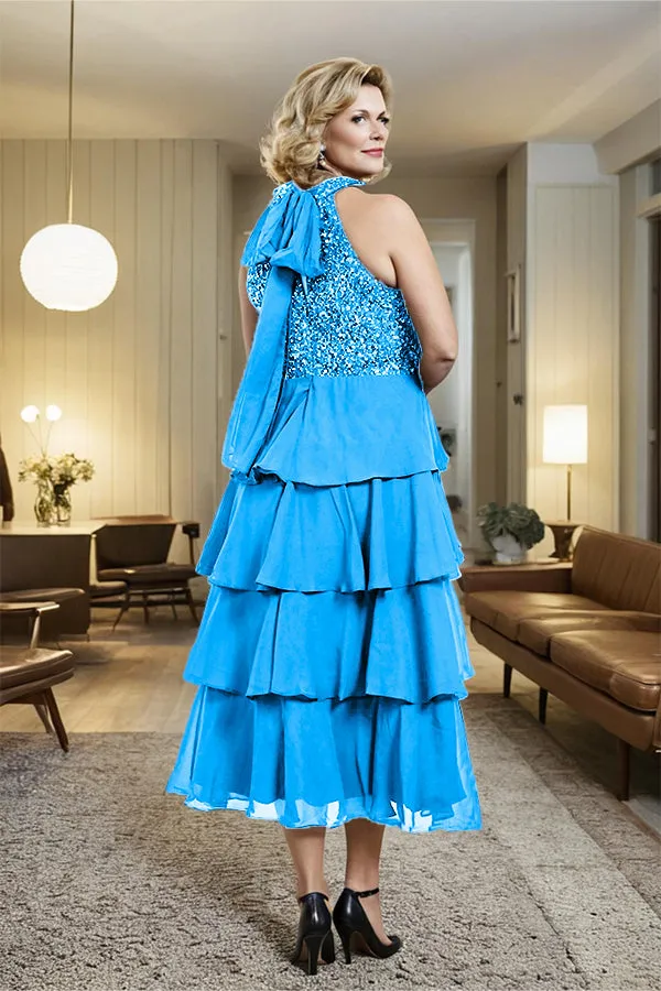 Beading Halter A Line Layered Chiffon Mother of the Bride Dress