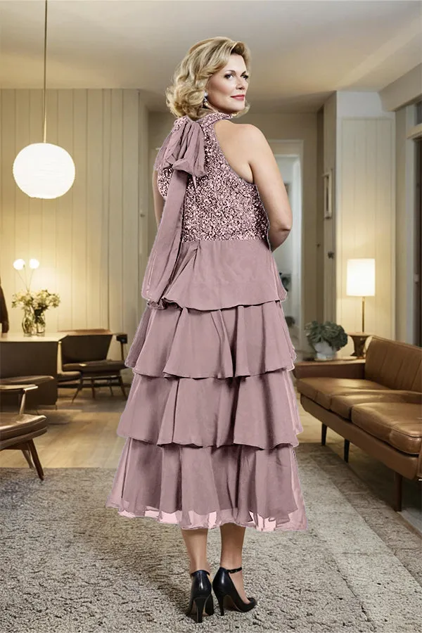 Beading Halter A Line Layered Chiffon Mother of the Bride Dress