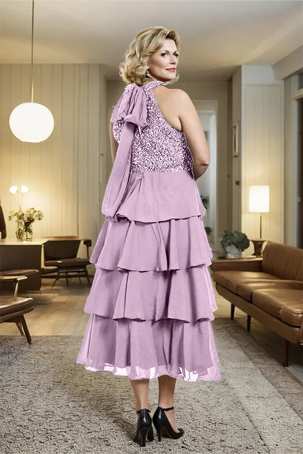 Beading Halter A Line Layered Chiffon Mother of the Bride Dress