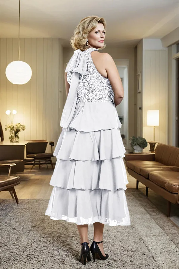 Beading Halter A Line Layered Chiffon Mother of the Bride Dress