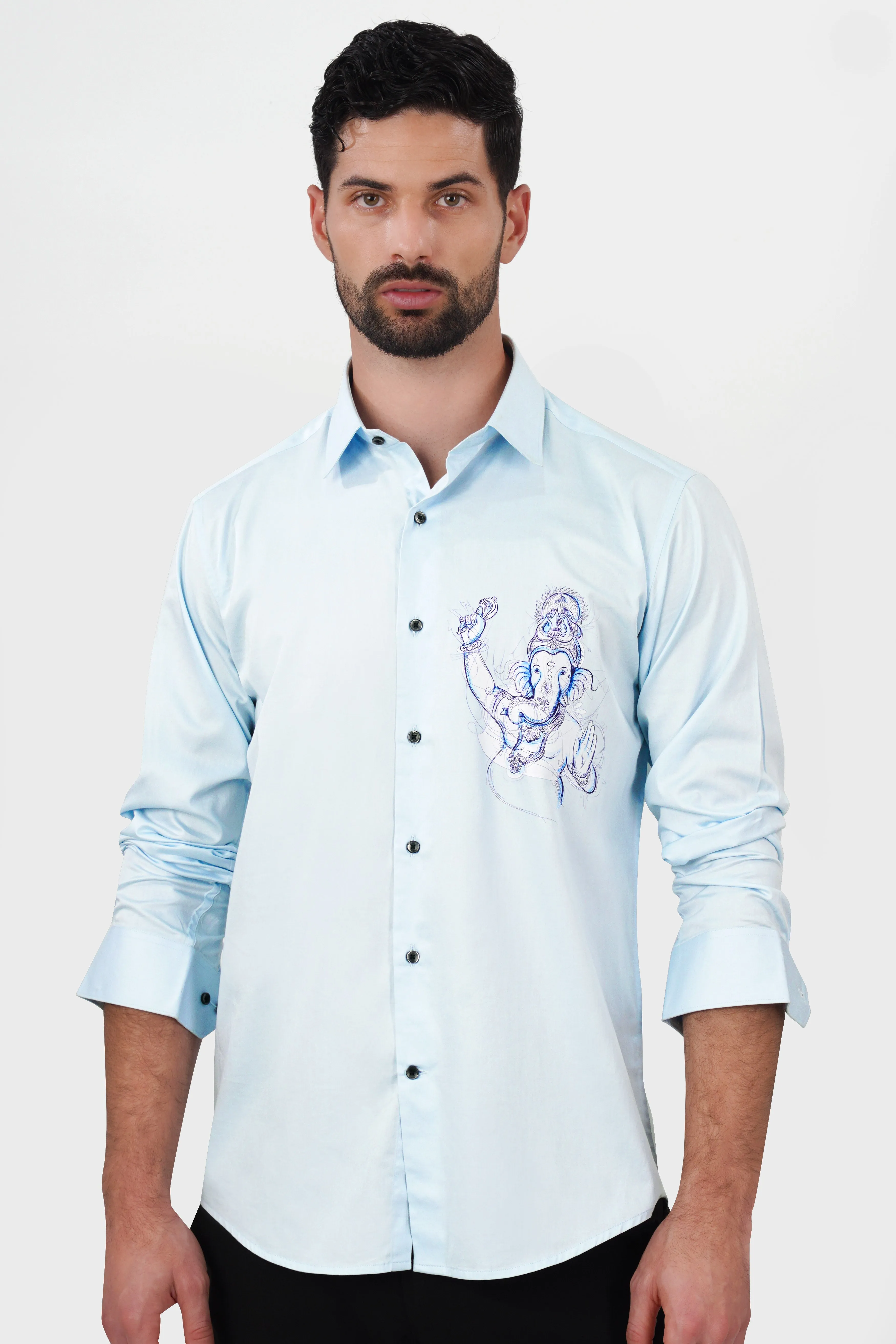 Blizzard Blue Lord Ganesha Printed Subtle Sheen Super Soft Premium Cotton Designer Shirt