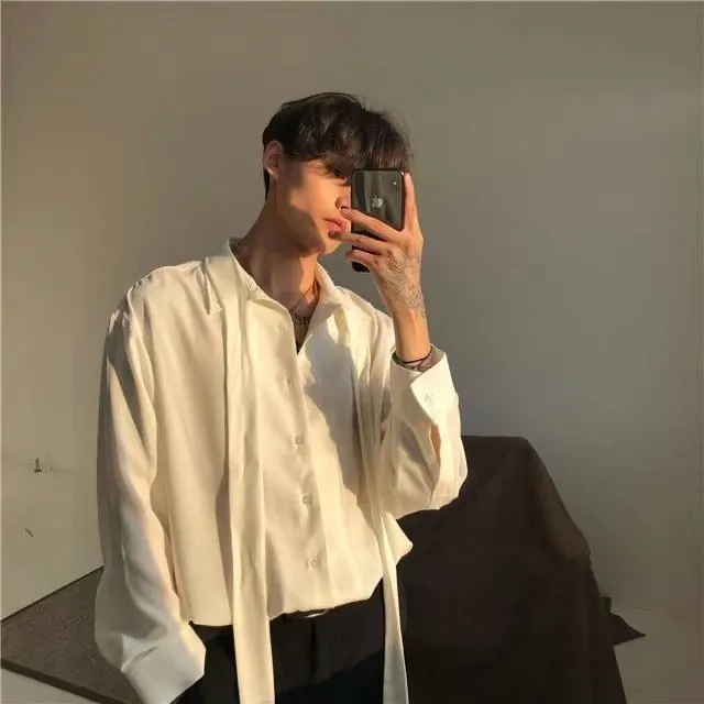 Bonsir Four Seasons Korean Men's Loose Retro Chiffon Fabric Bow Tie Shirt Men's Long Sleeve Nice Clothes Shirts White/black Color Coats