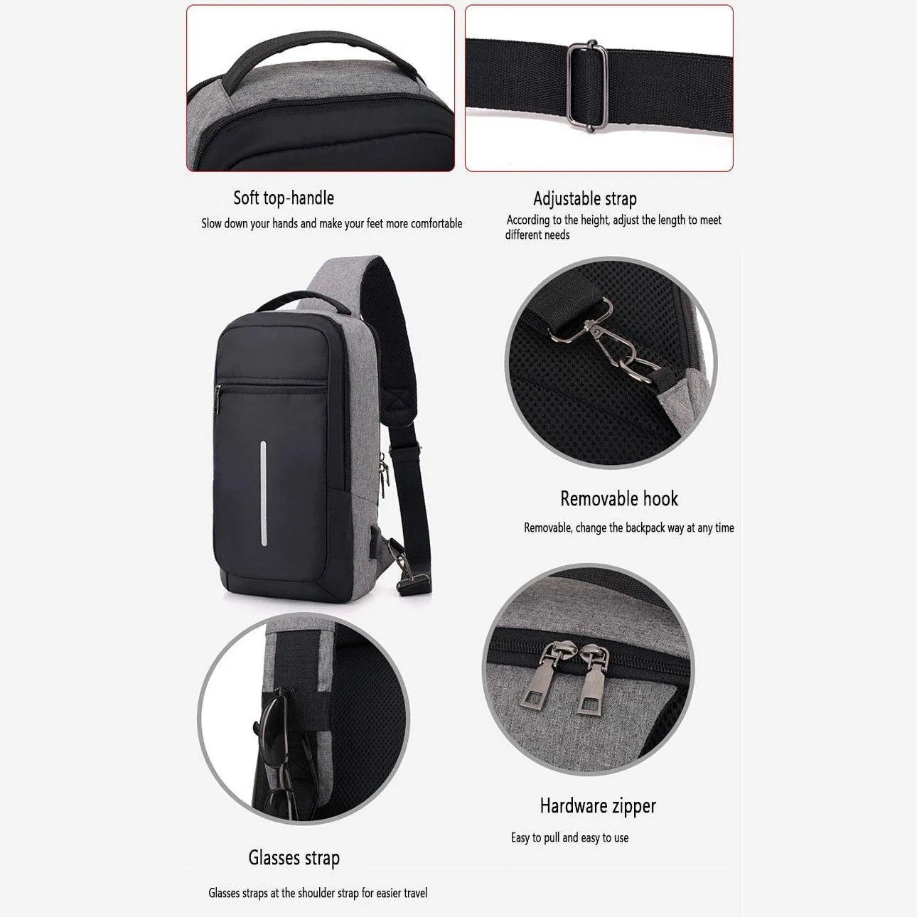 Crossbody Anti-theft USB Charging Shoulder Chest Bag Waterproof great for iPad or Android Tablet Men's Shoulder Bag Men's Backpack