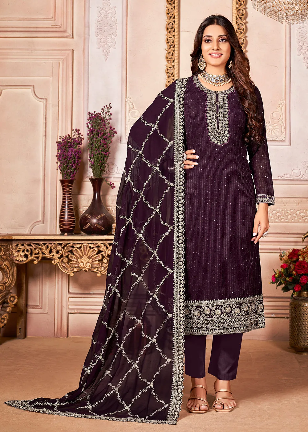 Glorious Purple Indian Georgette Ceremonial Salwar Suit