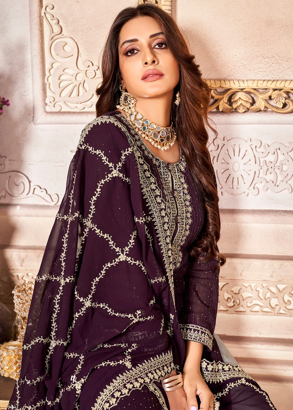 Glorious Purple Indian Georgette Ceremonial Salwar Suit