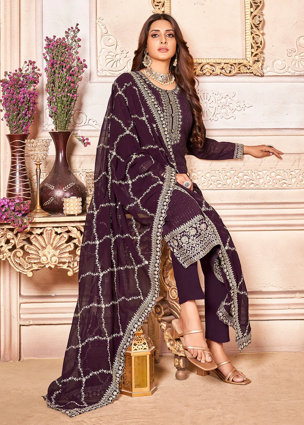 Glorious Purple Indian Georgette Ceremonial Salwar Suit