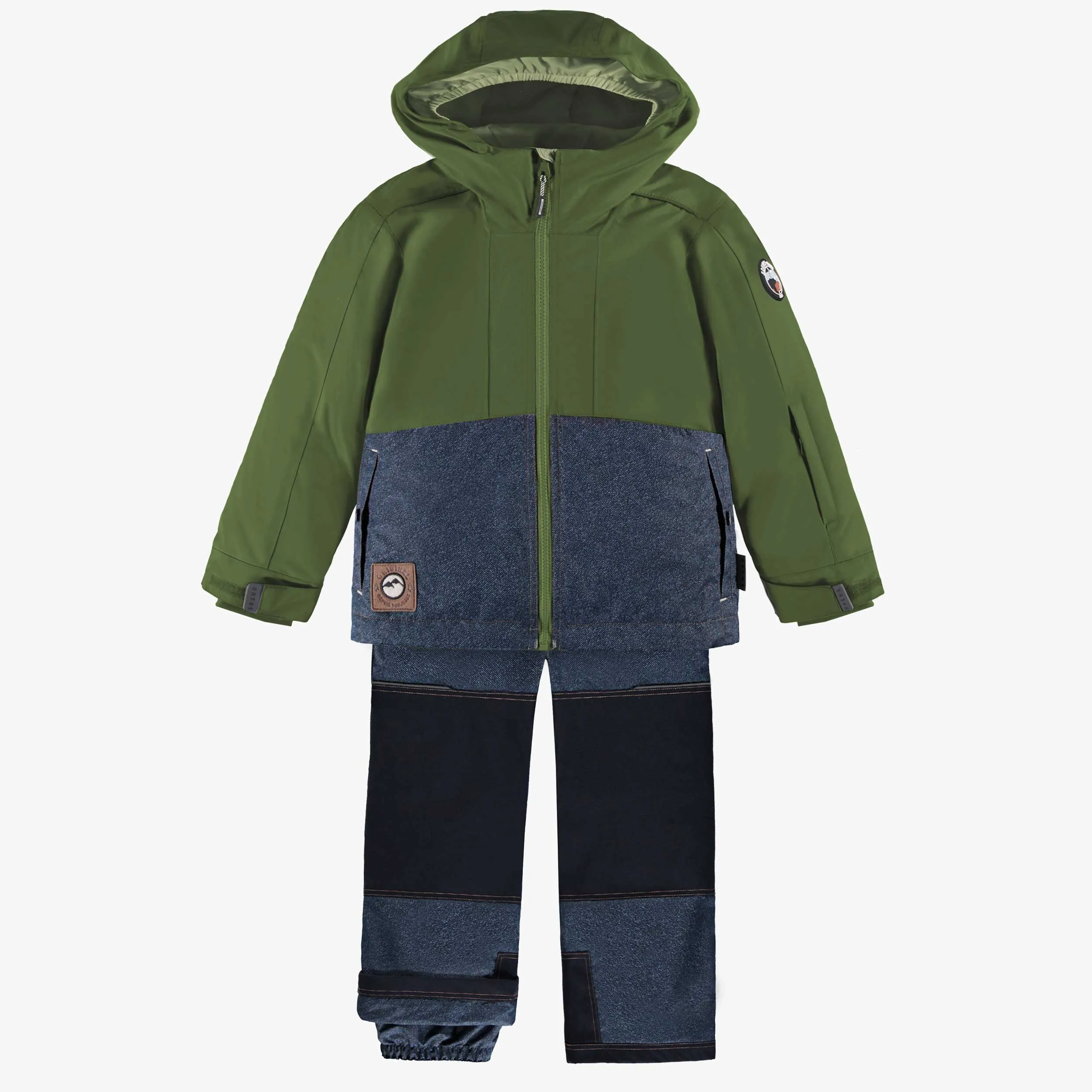 Habit de neige 3 en 1 vert et bleu denim, enfant || Snowsuit 3 in 1 with green and blue denim color block, child