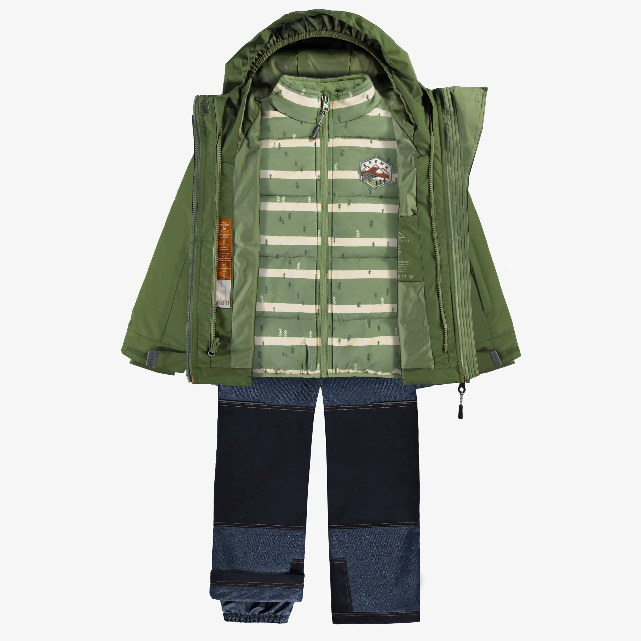 Habit de neige 3 en 1 vert et bleu denim, enfant || Snowsuit 3 in 1 with green and blue denim color block, child