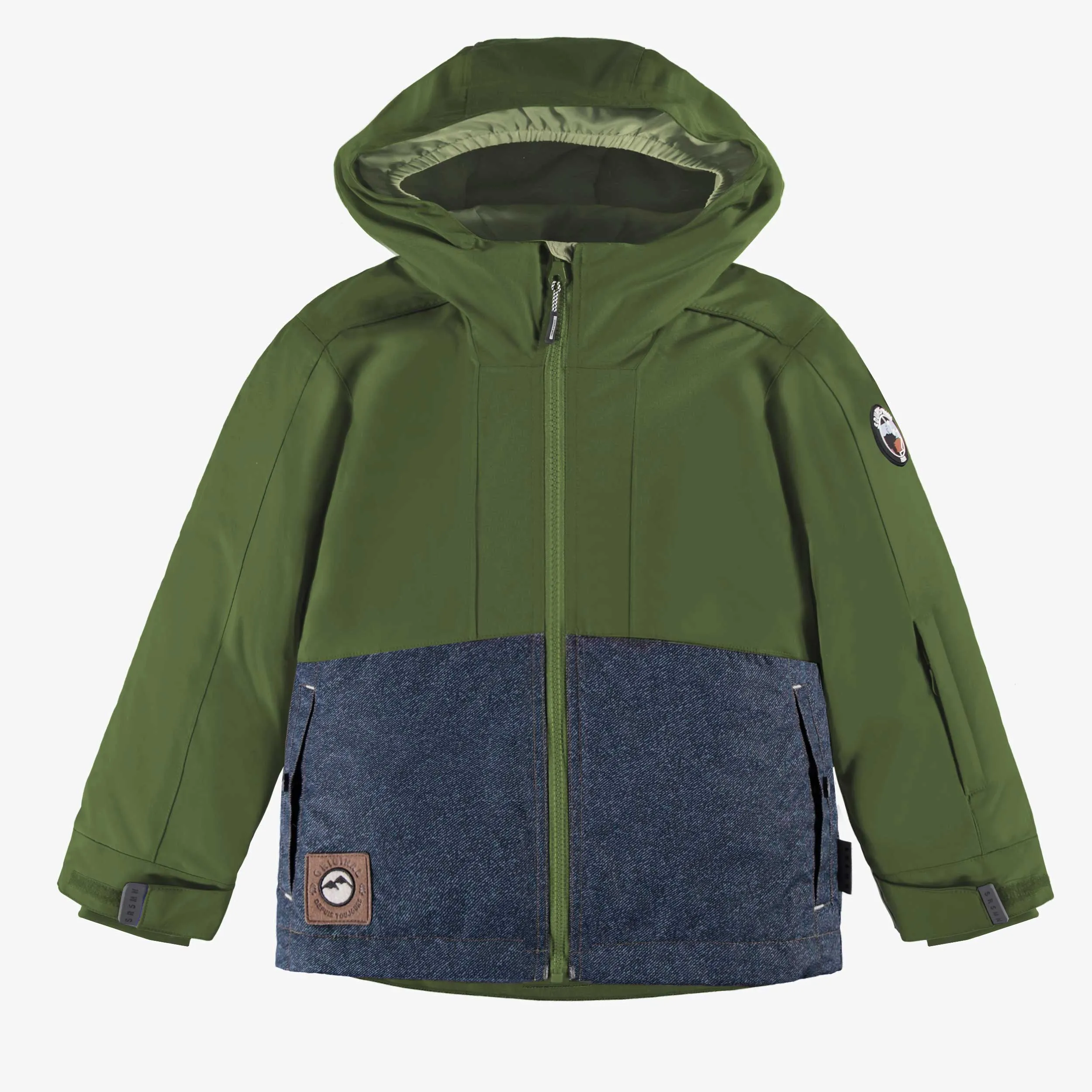 Habit de neige 3 en 1 vert et bleu denim, enfant || Snowsuit 3 in 1 with green and blue denim color block, child