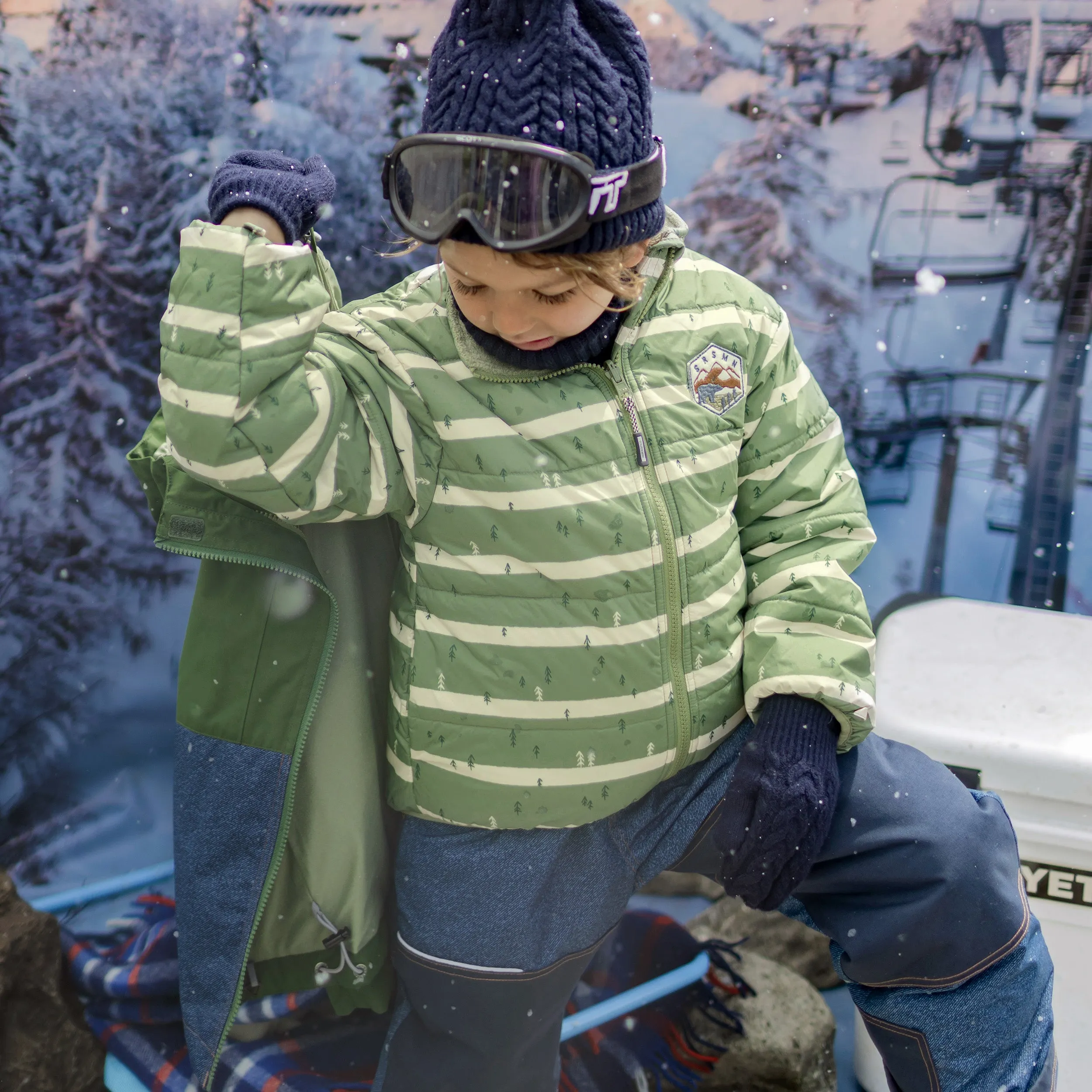 Habit de neige 3 en 1 vert et bleu denim, enfant || Snowsuit 3 in 1 with green and blue denim color block, child