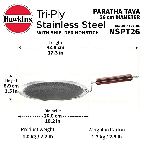 Hawkins 26 cm Paratha Tava, Triply Stainless Steel Nonstick Tawa with Rosewood Handle (NSPT26)