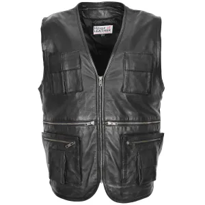 Mens Real Leather Multi-Purpose Waistcoat Gary Black