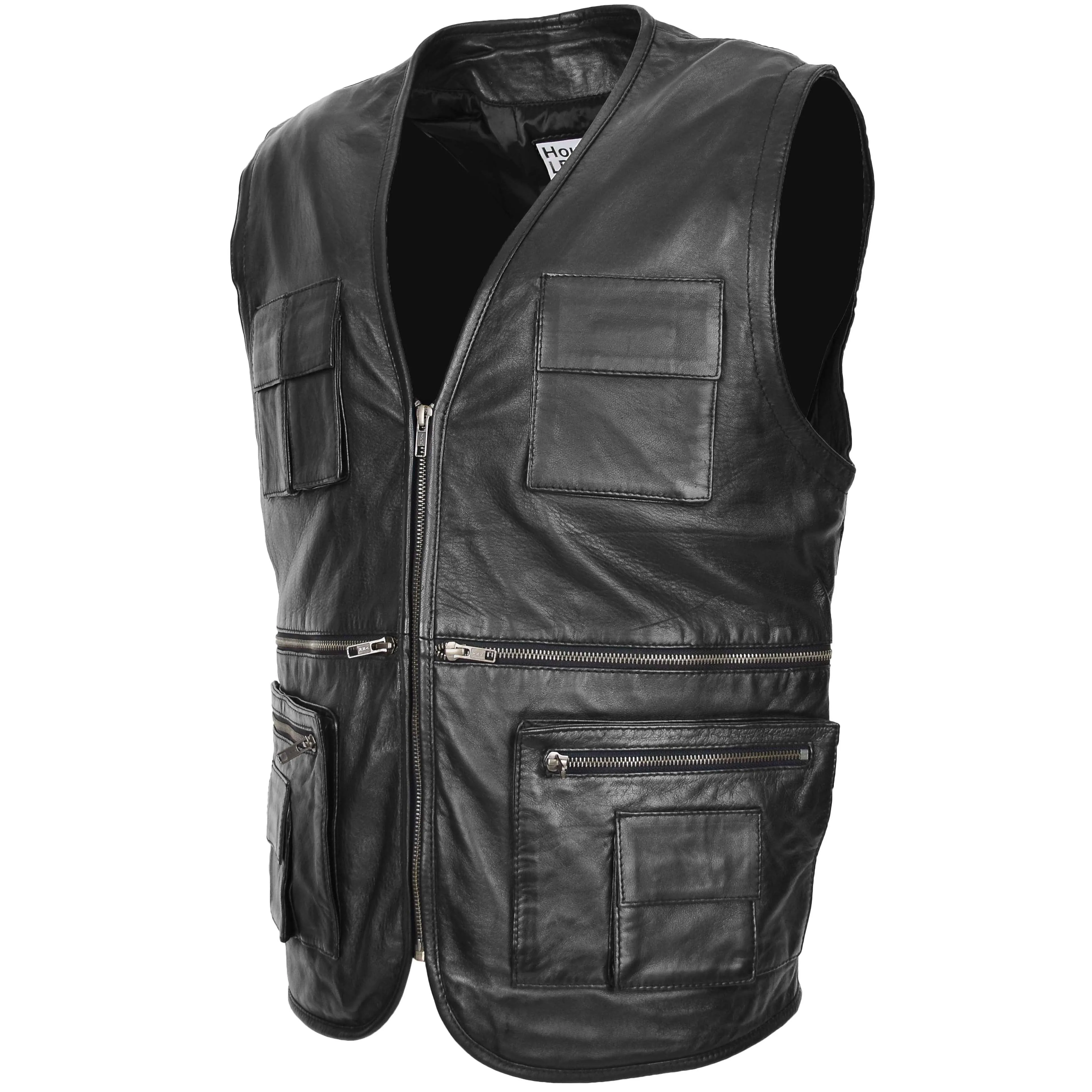 Mens Real Leather Multi-Purpose Waistcoat Gary Black