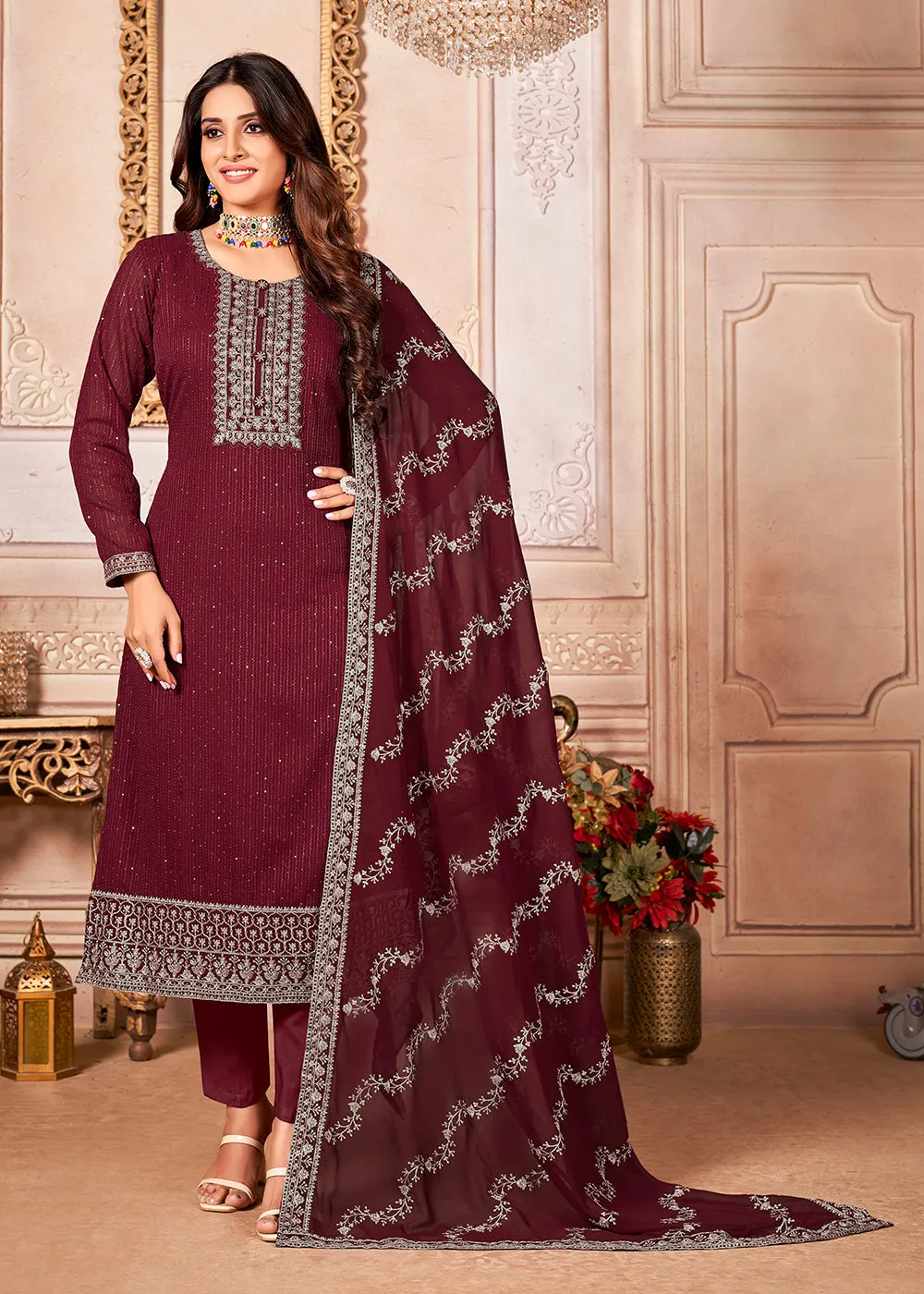 Royal Maroon Indian Georgette Ceremonial Salwar Suit