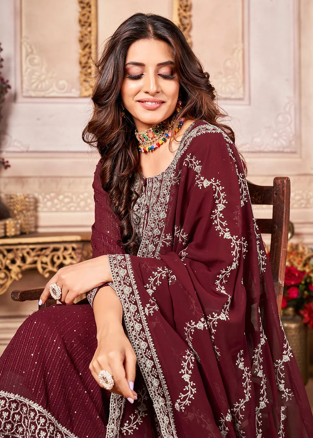 Royal Maroon Indian Georgette Ceremonial Salwar Suit