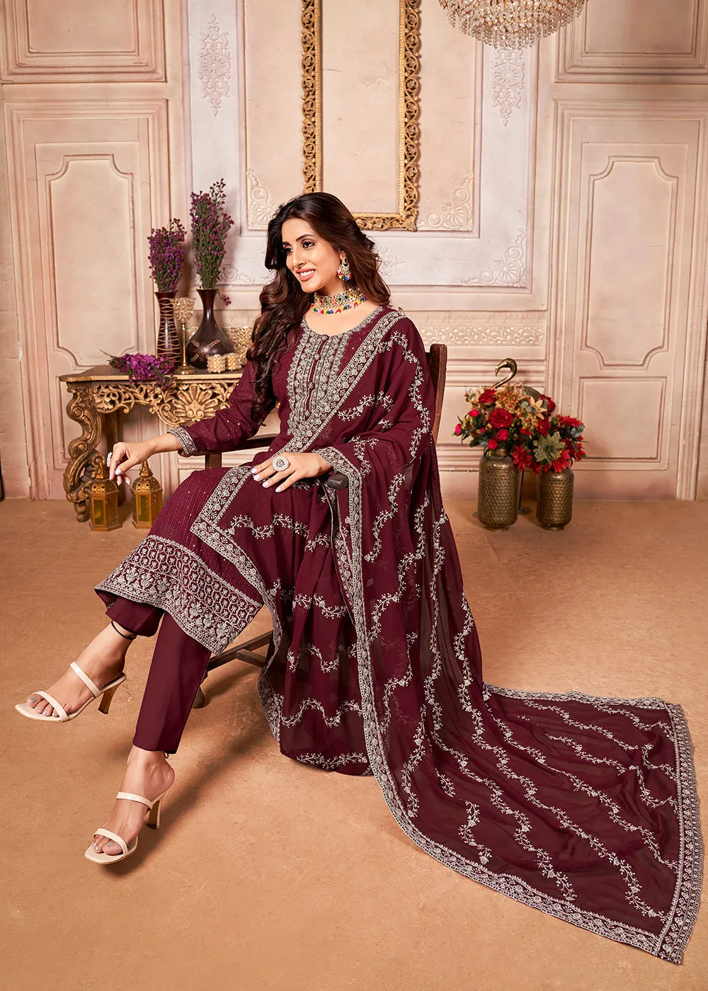 Royal Maroon Indian Georgette Ceremonial Salwar Suit