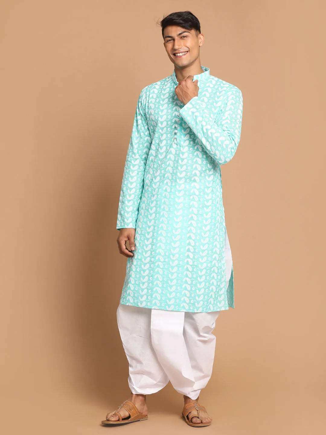 VASTRAMAY Green Chikankari Kurta Dhoti Set