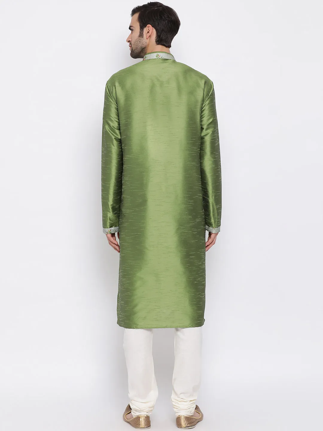 VASTRAMAY Green Silk Blend Kurta Pyjama Baap Beta Set