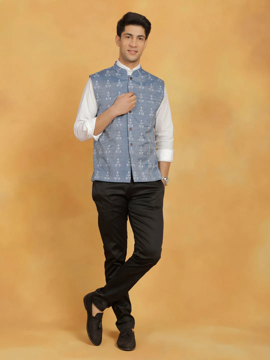 VASTRAMAY Men's Blue Cotton Nehru Jacket