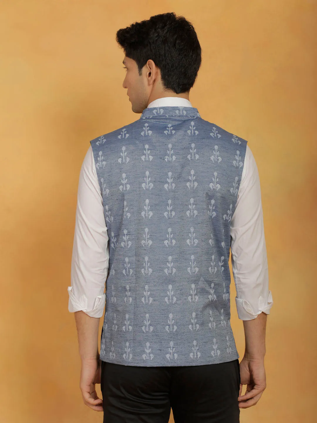 VASTRAMAY Men's Blue Cotton Nehru Jacket