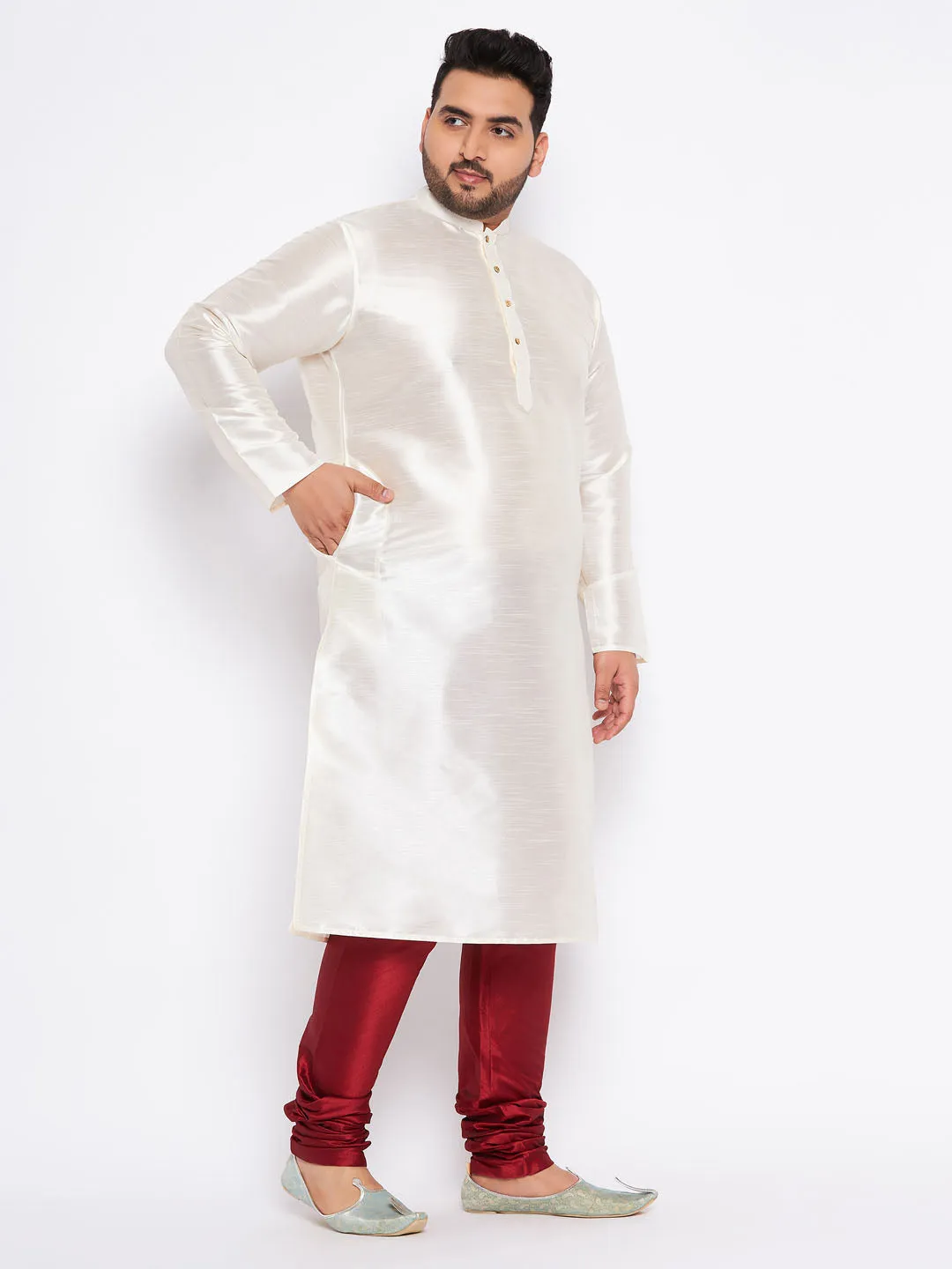 Vastramay Men's Cream Silk Kurta Pyjama