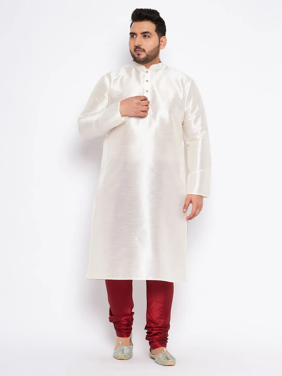 Vastramay Men's Cream Silk Kurta Pyjama