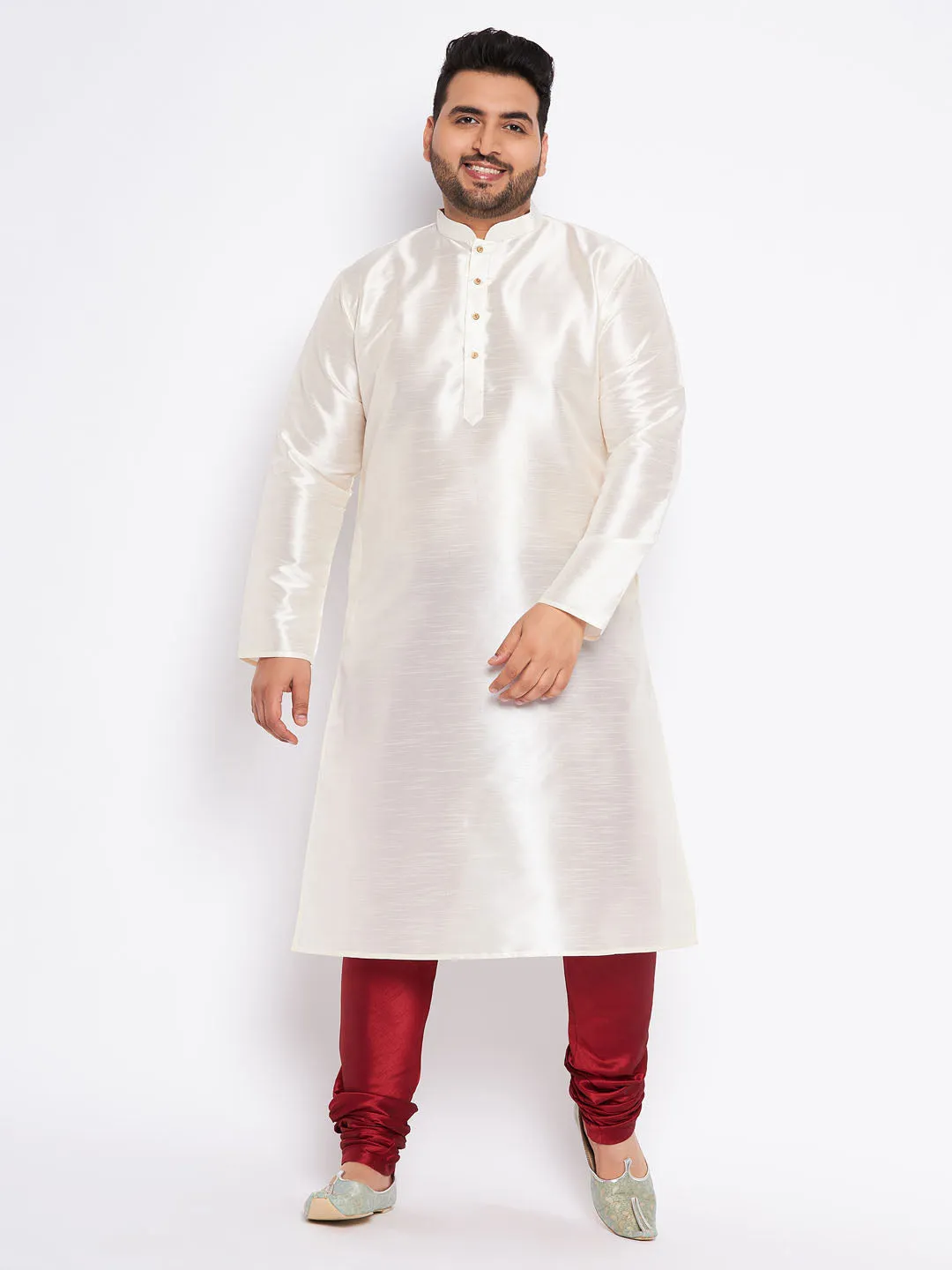 Vastramay Men's Cream Silk Kurta Pyjama