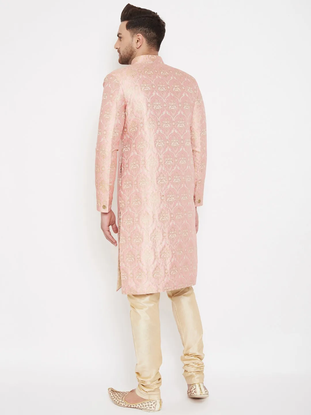 Vastramay Pink & Gold Silk Sherwani Set