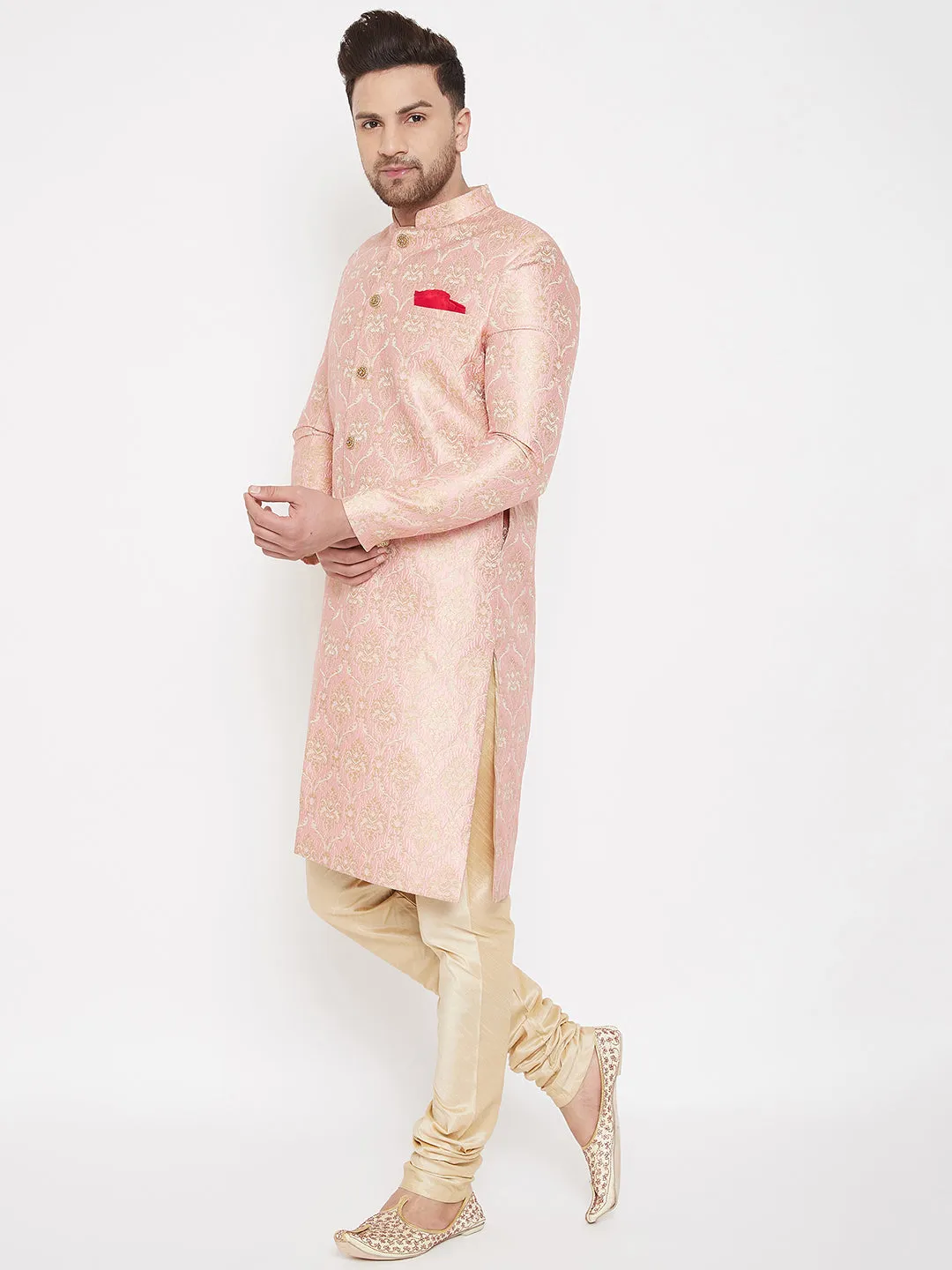 Vastramay Pink & Gold Silk Sherwani Set