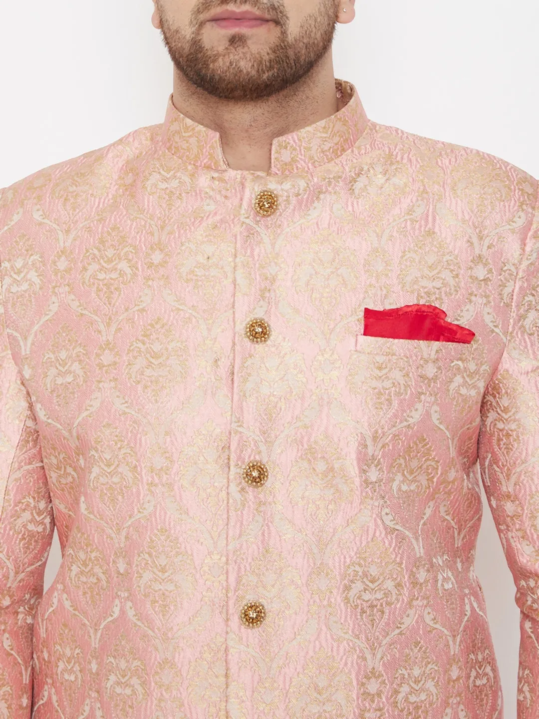 Vastramay Pink & Gold Silk Sherwani Set