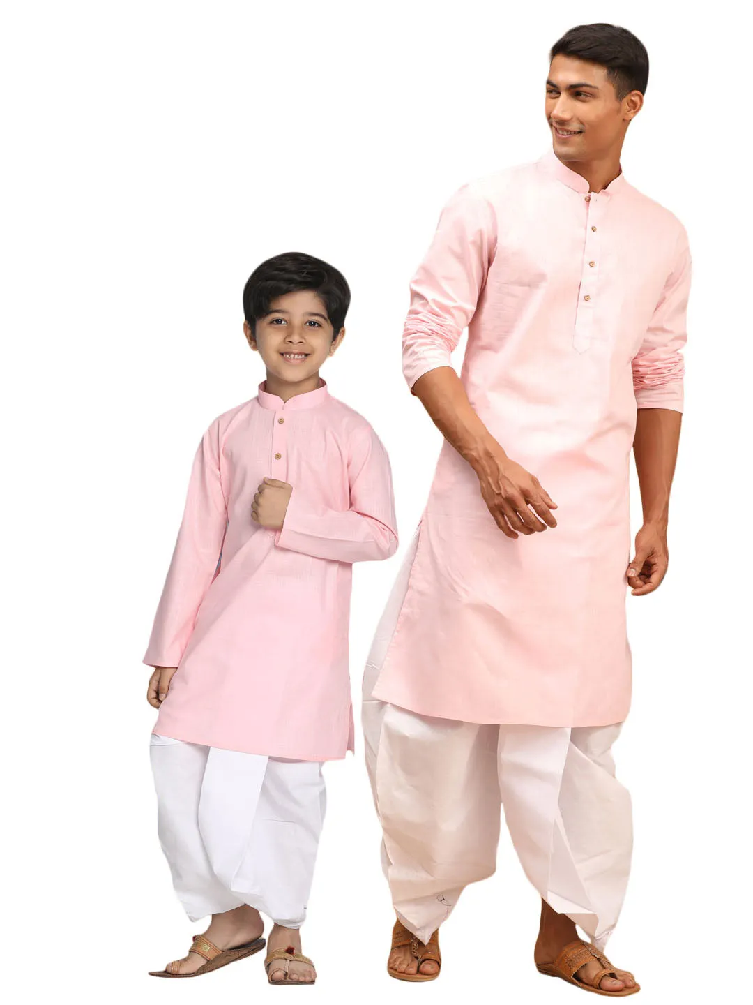 VASTRAMAY Pink Cotton Baap Beta Kurta Dhoti Set