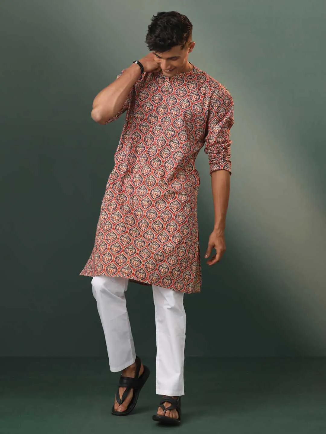 VASTRAMAY Red Kantha Printed Kurta Pyjama