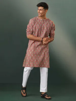 VASTRAMAY Red Kantha Printed Kurta Pyjama