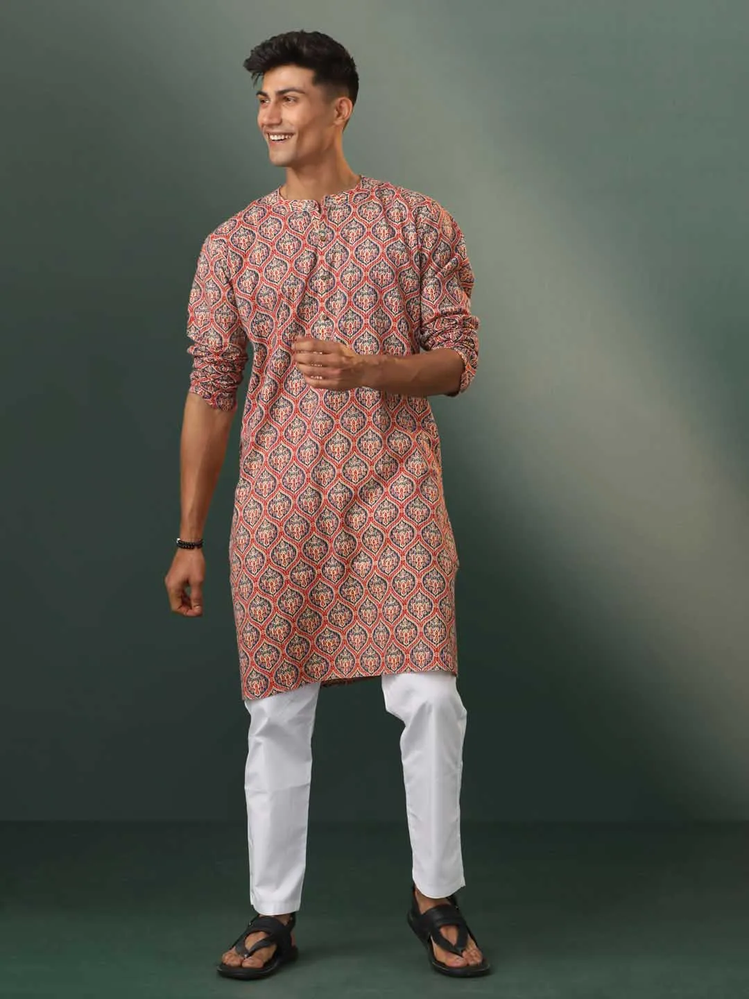 VASTRAMAY Red Kantha Printed Kurta Pyjama